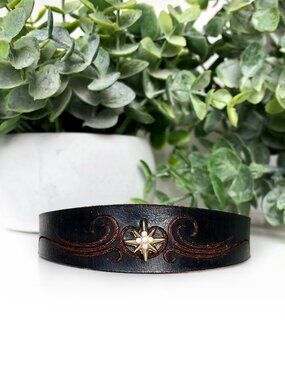 MishaGirl Handmade Engraved Black Leather Bracelet, Rhinestone Star Bead